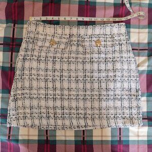 White Preppy Tweed Mini Skirt with Gold Button